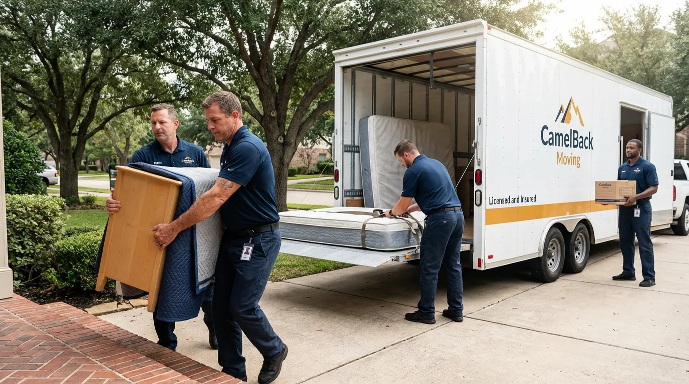 Crew loading residential truck for cross-state move from Gridley, CA