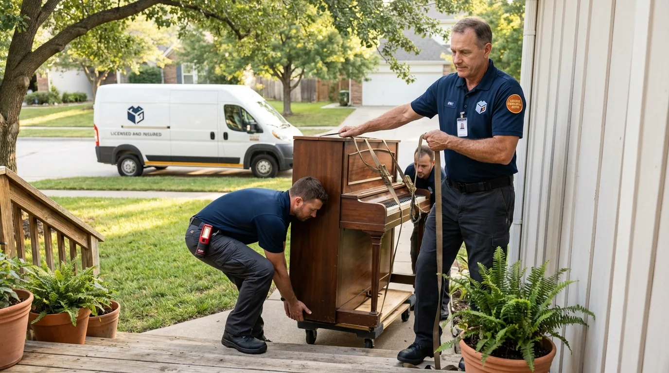 Licensed piano movers securing grand piano in Gridley, CA