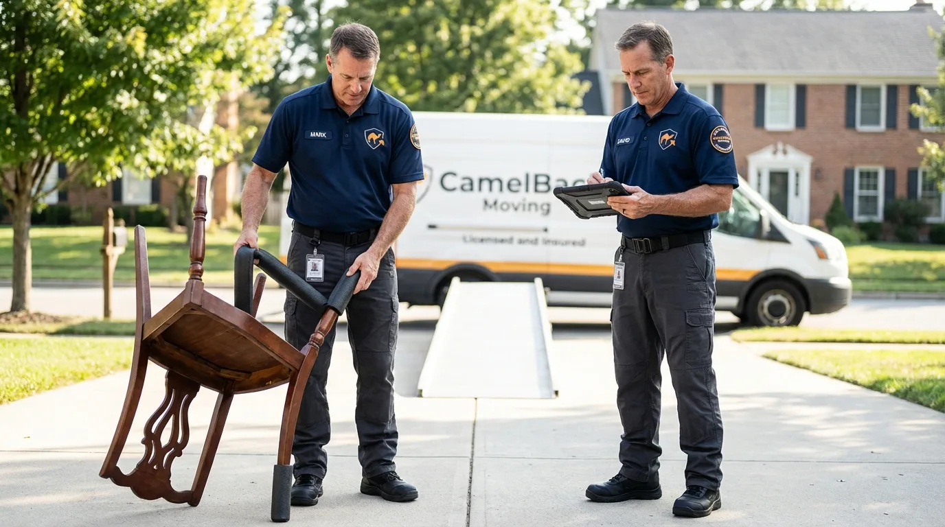 Movers inspecting furniture for damage prevention before loading in Gridley, CA