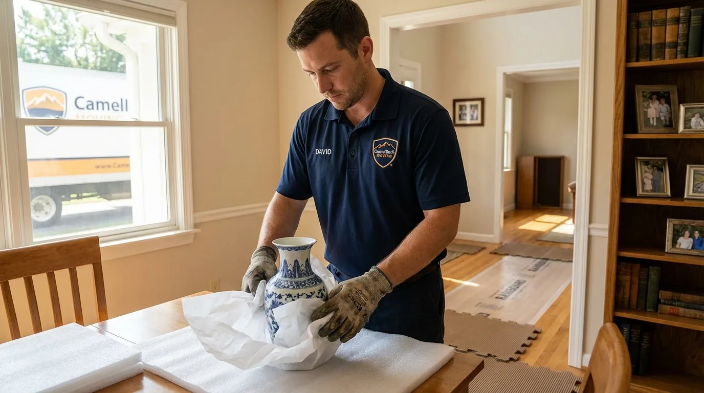 Professional crew carefully wrapping antique vase for senior downsizing move in Gridley, CA